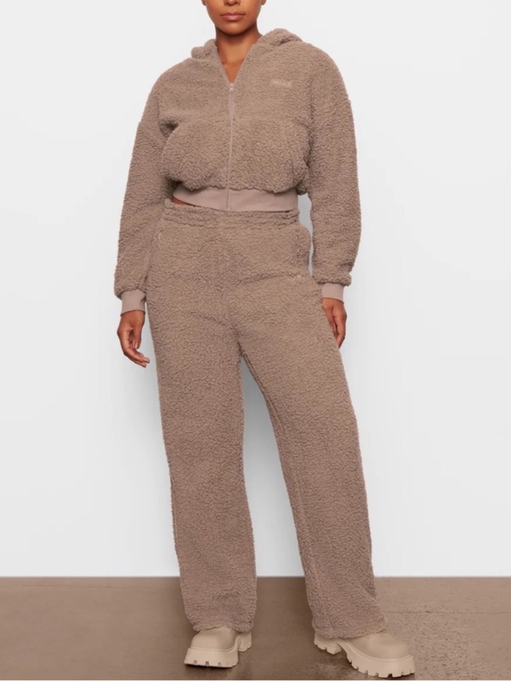SKIMS Teddy Track Set — Taupe Brown small top and medium bottom